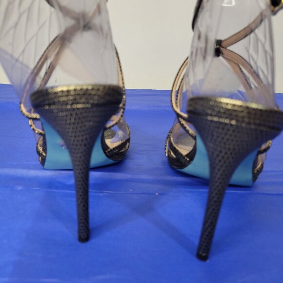 BETSEY JOHNSON Strappy Black & Gold Animal Print Heels - Picture 5 of 14